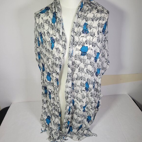 Talbots Lightweight White & Blue Scarf With Owl Print - Picture 2 of 4